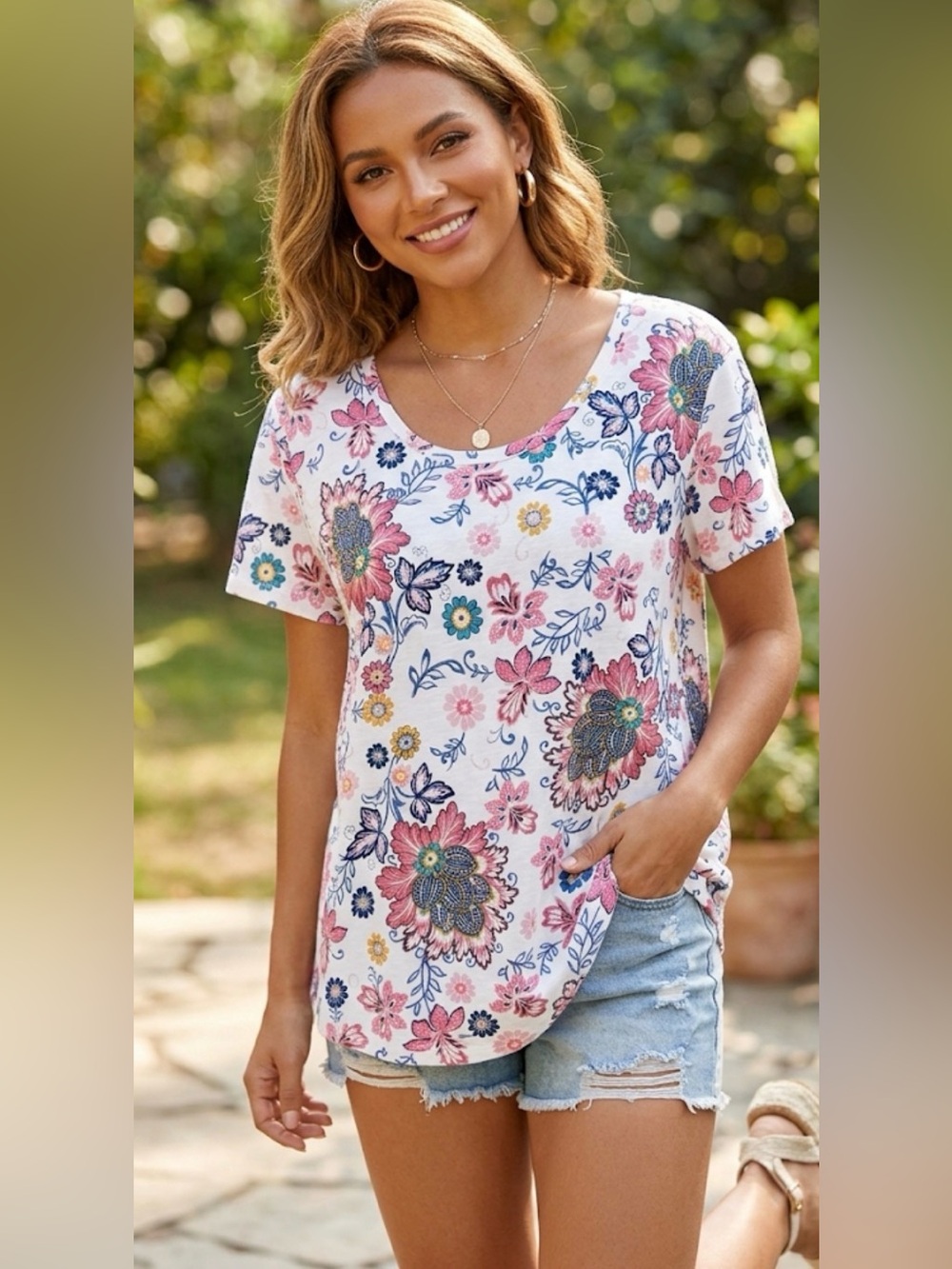 LOFT Vintage Soft White & Floral Paisley Scoop Neck Short Sleeve Tee -Sz x-large